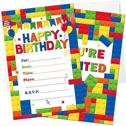 Paquete de 30 invitaciones de fiesta de cumpleaños para niños con sobres, a granel, coloridas invitaciones de fiesta de bloques de construcción para niños, bloques apilables, juego de tarjetas de