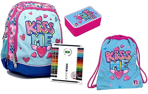 Mochila escolar para piscina y besos, diseño de corazón rosa con luces + estuche de 3 niveles + bolsa + regalo de colores + bolígrafo luminoso LED y llavero lentejuelas