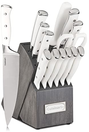 Cuisinart 15-Piece Knife Set with Block, High Carbon Stainless Steel, Forged Triple Rivet, White/Charcoal Gray C77WTR-15PCG
