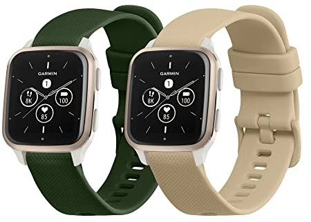 kwmobile 2X Uhrenarmband für Garmin Venu Sq 2 Music/Sq 2 / Vivoactive 6 / Vivoactive 5 Armband - Fitnesstracker Band Set aus TPU Silikon - Ersatzarmband Smartwatch - Dunkelgrün Beige