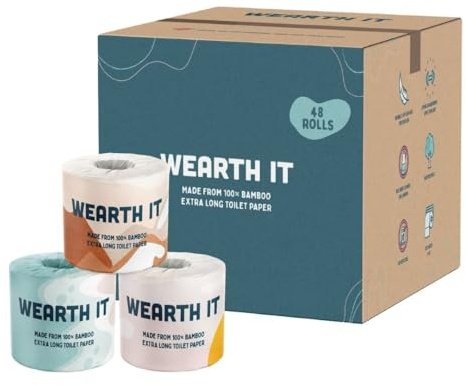Wearth it - 100% Bamboo Toilet Roll, Eco-Friendly, 3-ply, 300 Sheets, Box of 48 Toilet Rolls Bulk Buy | Soft, Strong, Sustainable, Biodegradable, Plastic-Free & Scent-Free Toilet Paper