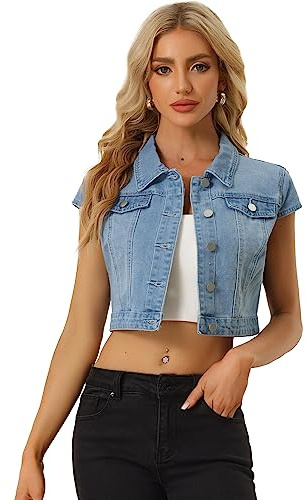 Allegra K Damen kurze Jeansjacke Jacke Kurzarm Sommer Knöpfen Stretch Denim Crop Westen Weste Hell Blau S