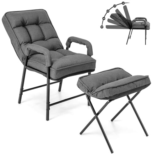 COSTWAY Silla Moderna con Otomana, Sillón de Tela de Lino con Respaldo Ajustable y Marco de Metal Sólido, Juego de Sillón Individual y Reposapiés Tapizados para Dormitorio, Sala de Estar (Gris)