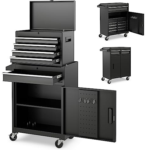 TANGZON Lockable Tool Cabinet, Rolling Tool Chest Combo with Wheels, Drawers, Hooks & Side Handle, Detachable Garage Workshop Tool Cart Trolley (without Middle Compartment, Black)
