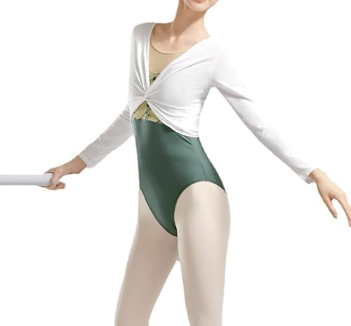 HEARTTOUCH Damen Ballettjacke Wickeljacke Baumwolle Langarm Schulterjacke Bolero Tops Einfarbig Tanzoberteil Yoga Gymnastik Oberteil Tanzbekleidung (Weiß,M)