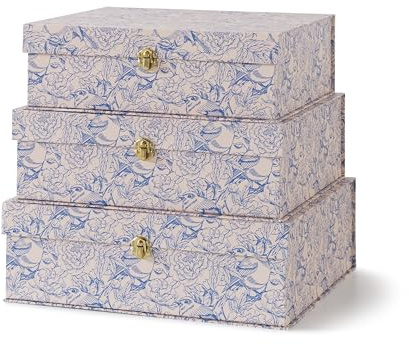 Soul & Lane Blue and White Floral Cardboard Decorative Storage Boxes with Gold Hardware - Set of 3, Aviary Garden - Stacking Boxes with Lids for Home Decor and Organizing, Elegant Design