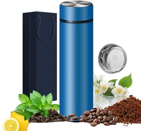 Bouteilles isothermes – Gobelet sous vide pour café, thé et boissons avec infuseur en acier inoxydable – Bouteille de voyage pour thé, café – Bouteille de voyage pour eau chaude et froide (Bleu)