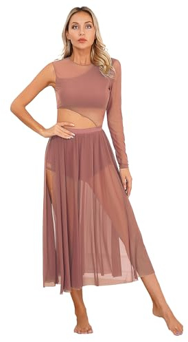 Xnihocha Lyrical Vestido de baile para mujer, de manga larga, con body de ballet, malla transparente, vestido de tul, vestido de baile contemporáneo