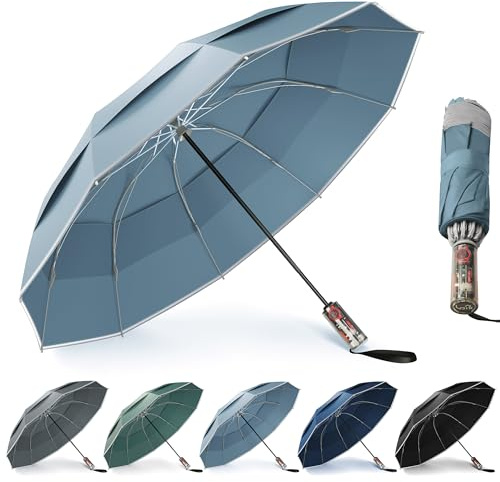 Urvoix Paraguas de golf compactos resistentes al viento, paraguas de viaje para lluvia, 10 varillas de aleación de aluminio y fibra de vidrio con rayas reflectantes, doble toldo con cierre automático