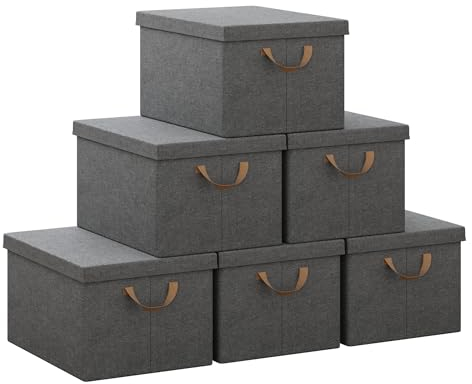 WOLTU Faltbare Aufbewahrungsboxen 6 Stück, Stoffboxen mit Deckel, Aufbewahrungskörbe für Kleidung, Bettdecke, Spielzeug, Grau, 43x33x26cm