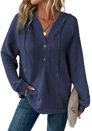 Cuptacc Huvtröja för damer, med våffelstruktur, ledig hoodie med knappslå, v-ringad sweatshirt med dragsko. långärmad damtröja med huva, Marinblå, L