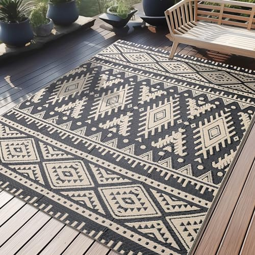 Homaxy Outdoor Teppich Wetterfest, Kunststoff Stroh Faltbar Waschbar UV-beständig Wendbar Balkon Garten Teppich für Terrasse Camping Picknick (150 x 240 cm, Schwarz & Beige)