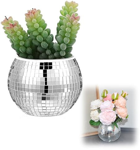 Wmzjnljy 1pc 10cm/4in Disco Ball Planter Disco Ball Vase Glitter Plant Pot Modern Glass Silver Mirror Ball Planter for Table, Party, Bar(U75-1)