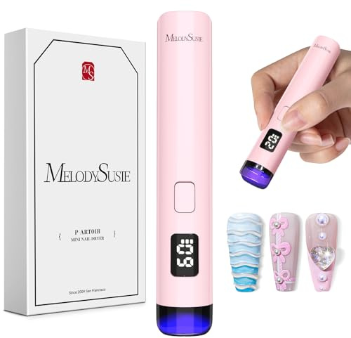 MelodySusie Handheld Flash Cure Nail Lamp P-ART01R has Eye-Protection Cover | Cordless, LCD Display, Spot Cure All Soft Gels, Rhinestone Glue & Liner Gel, 20s/60s Timer, 450mAh Battery