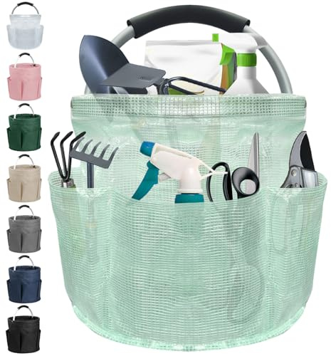 IHOMAGIC 17L Bolsa Compra Grandes, Bolso Playa con Asa y 6 Bolsillos, Bolsa Herramientas Portátil de Resina de PVC, Cestas Organizadoras Multifuncional para Camping, Limpieza, Verde
