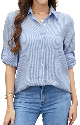 Enmain Womens Linen Blue Shirts Long Sleeve Cotton Button Down Blue and White Striped Shirt Summer Casual Collared Fitted Work Office L