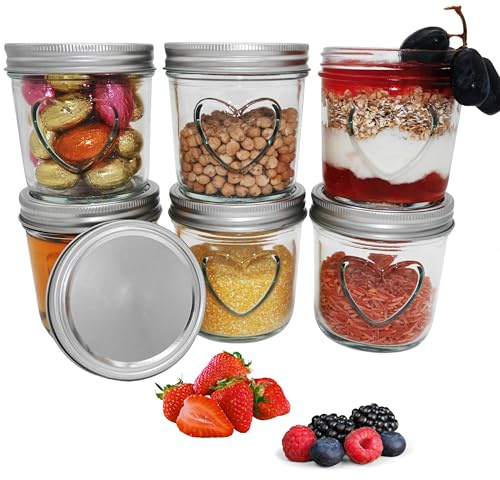 megusta! Overnight Oats - 6 vasetti per conserve con cuore, 350 ml, con coperchio argentato, per marmellata, per conservare il tè