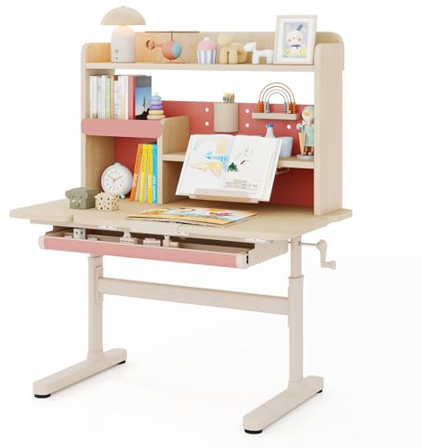 LIFEZEAL Escritorio Infantil Reclinable con Atril Ajustable | Mesa de Estudio para Niños de 3 a 12 Años con Cajón, Estante, Soporte de Lectura Retráctil y Patas de Metal