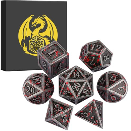 Lot de Dés en Métal DND, 7 Dés Polyédriques en Métal, Accessoires pour Jeux de Rôle, Jeux de Société, Cadeaux D&D avec Boîte Cadeau, D20, D12, 2 D10 (00-90 et 0-9), D8, D6 et D4, Argent Taché de Sang