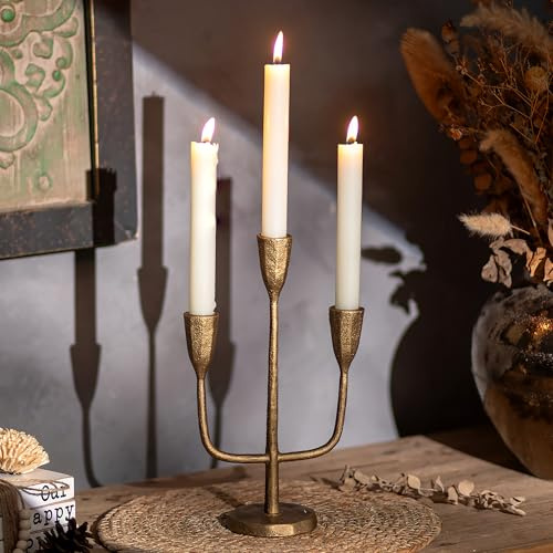Inweder Cast Iron Gold Candelabra: 10.4 Inch Tall Vintage Taper Candle Holders 3 Arms Brass Candlestick Holders Antique Candelabra Centerpieces for Tables Fireplace Living Room Decor Set of 1