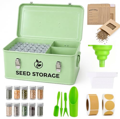 Caja de Almacenamiento de Semillas, Caja Organizadora para Almacenar Semillas Caja para Semillas con 60 Botellas de PláStico, 20 Bolsas de Papel Kraft, 4 Herramienta para Plantar, 1 Embudo de Silicona