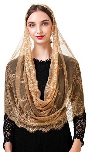 PAMOR Spanish Style Lace Traditional Vintage Inspired Infinity Shape Mantilla Veil Latin Mass Head Covering (Beige)