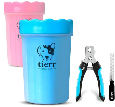 tierr Pfotenreiniger für Hunde | Entfernt Schmutz von Hundepfoten | Gründliche Reinigung mit weicher Bürste | spülmaschinenfest (Blau, Größe M + Krallenschere)