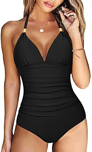 Maillots de Bain Une Pièce pour Femme,Col en V Maillots de Bain 1 Pièce Contrôle du Ventre Push Up Monokini Vintage Dos Nu Swimwear De Plage Beachwear Été,Noir,M