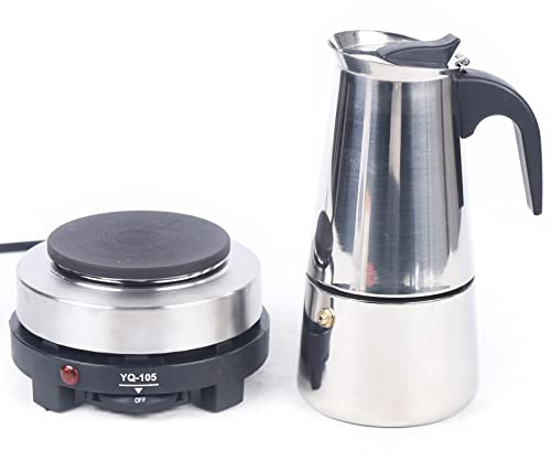 MINUS ONE Espressokokare, premium elektrisk espressobryggare, rostfritt stål, mockakanna med värmeplatta och säkerhetsventil för arbete, familjeåterförening, sport och fritid, silver (300 ml, 6