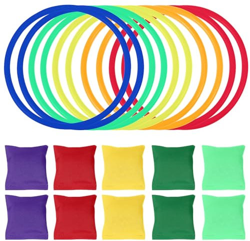 Alipis Toss Game Set with 10 Colourful Bean Bags and Plastic Rings - Kids and Adults Indoor Outdoor Party Toy for Garden Carnival and Family Fun
