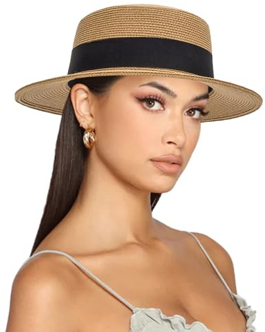 INOGIH Straw Boater Summer Sun Hat - Wide Brim Fedora Panama Summer Beach Hat for Men Women