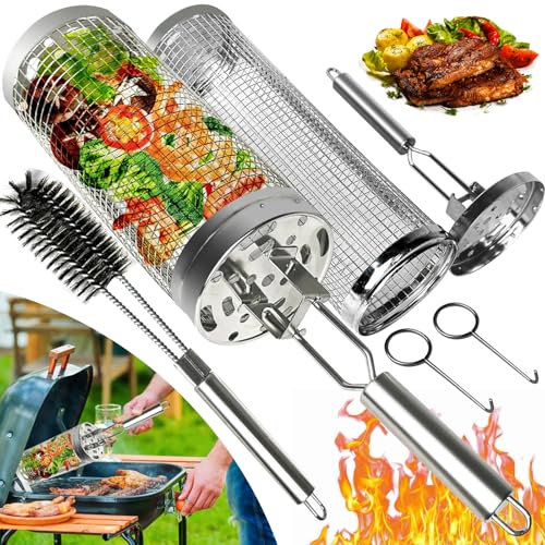 JUAUO 2-Stück Grillzubehör, Seitlicher Öffnung Zylindrischer Rotierender Grillkorb Set mit Edelstahl Griff, Praktisches Geschenke für Grillliebhaber, für Gemüse, Fleisch, Meeresfrüchte am Außengrill