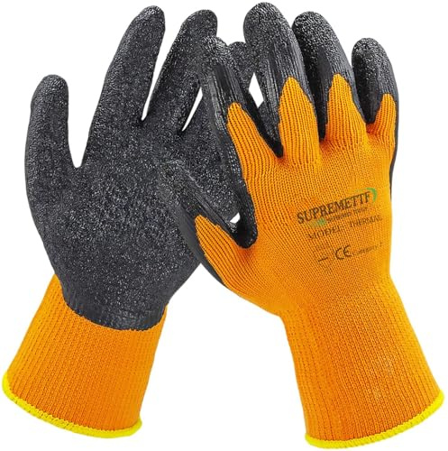 SupremeTTF 12 Pairs Thermal Winter Gloves Orange Latex Rubber Work Gloves Builders Gardening Grip (XL-10)