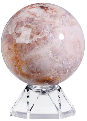 dssmboom Natural Cherry Blossom Agate Crystal Sphere 50-60mm Crystal Ball | Stone Crystal Ball with Acrylic Stand, Polished Stone Sphere Decoration for Home, Office, Fengshui, Meditation