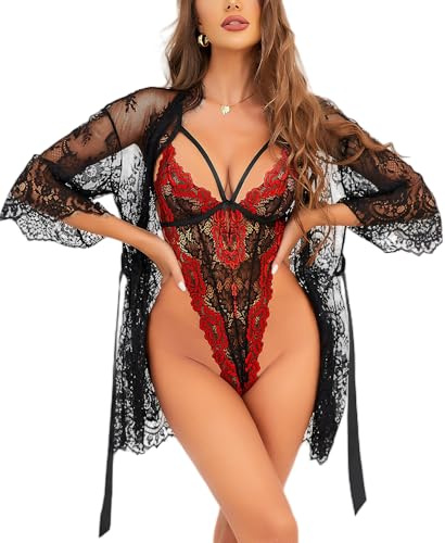 RSLOVE Lencería sexy para mujer - Body de encaje con bata, conjunto de ropa de dormir de malla