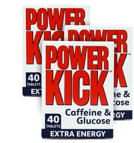 Powerkick Caffeine & Glucose Supplements – 40 Count (3 Packs, 120 Count Total) | Fast Energy Boost | Supports Alertness & Focus | Glucose Energy Tabs for Sport, Study, Work, and Travel