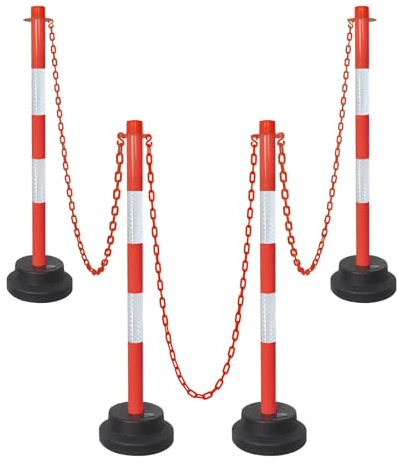 SHAREWIN 35 Traffic Delineator Posts with Weighted Base & Reflective Collar, Red Safety Stanchions Cones with 5FT Plastic S Hooks Chain - Parking Lot Barriers, Driving Training, Crowd Control 4 Pack