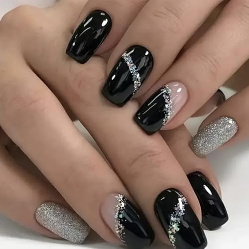 Nymora 24 Unghie Press On Nere con Glitter a Quadrato - Unghie Artificiali con Strass - Unghie Finte da Applicare per Donne e Ragazze - Unghie Artificiali Autoadesive