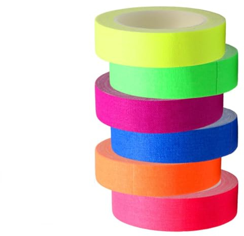 XINML 6 UV Neon Gaffer Cloth Tape, High Adhesive Stage Marking Tape, Glow in The Dark Blacklight Tape, Durable Gaffer Tape for Photography Theater Film, 6 Neon Colors (0.6 inch x 16.5 feet)