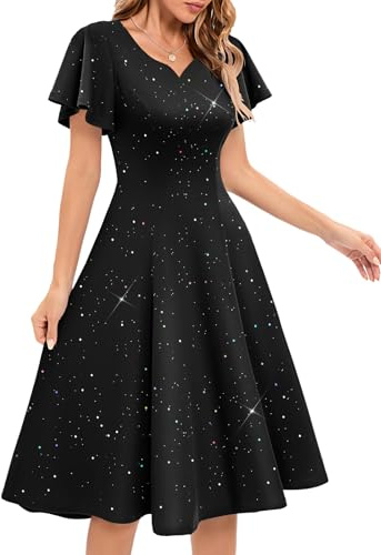 HomRain Women's Sparkly Elegant Cocktail Dresses Sequin Midi Homecoming Dress for Teens Graduation 1950S Tea Party Bell Sleeve Church Dresses,Black L