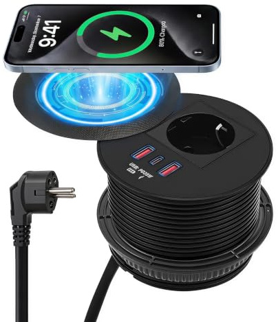 Presa da scrivania, presa da incasso con USB C, presa da tavolo da 90 mm con coperchio, 2 porte USB-A PD da 20 W e ricarica wireless da 15 W, cavo di alimentazione da 1,8 m, presa per mobili, piano di