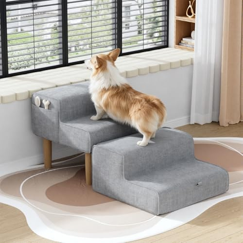 Hundtrappa, 2-i-1 husdjurstrappa hopfällbar trappa hund, hundtrappa för små och stora hundar, trappor för soffa och säng, 4 steg kattrappa 32 cm hög för gamla katter, grå