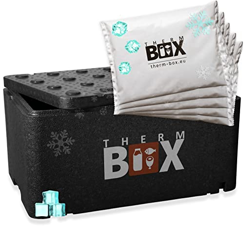 THERM BOX Profi Styroporbox GN1 mit 5X Kühlakku für Kühlbox Set 46,45L Innen: 54x34x24cm Transportbox Wiederverwendbar