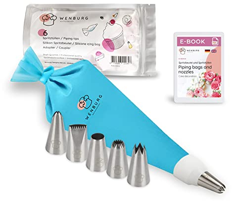 Wenburg Sacca a Poche per Dolci - 6 Ugelli per Tubazioni - Sac a Poche in Silicone da 35 cm - Bocchette Professionali in Acciaio Inox per la Decorazione di Torte, Cupcake e Biscotti (Set basic)