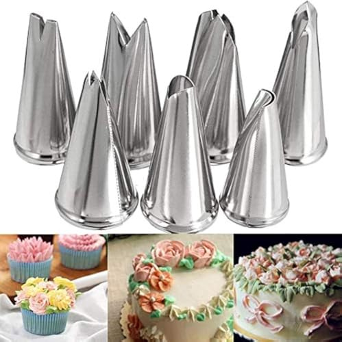 WOWDECOR Rörspetsar i rostfritt stål, glasyrspruta set gör-det-själv kopplingsmunstycke baktillbehör tårta och muffins dekorationsverktygsset medium små blommor bakverk (löv munstycken - 7 st)