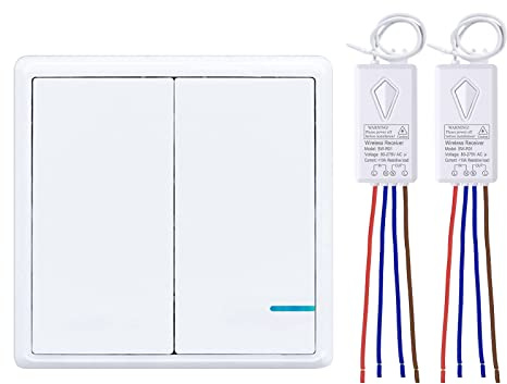 Thinkbee Wireless Light Switch and Receiver Kit, Outdoor 1969ft Indoor 130ft, No Wiring, No WiFi, Remote Control for Led Light Wireless Wall Switch, IP66 Waterproof (2 Gang and 2 Receivers Kit)