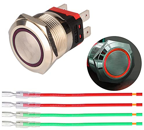 Guuzi 22mm Momentan Tryckknapp 12V-24V 15A Röd LED-tryckknapp, Metall Vattentät Knapppanel med Tråd för Bilar, Yachter, Hushållsapparater