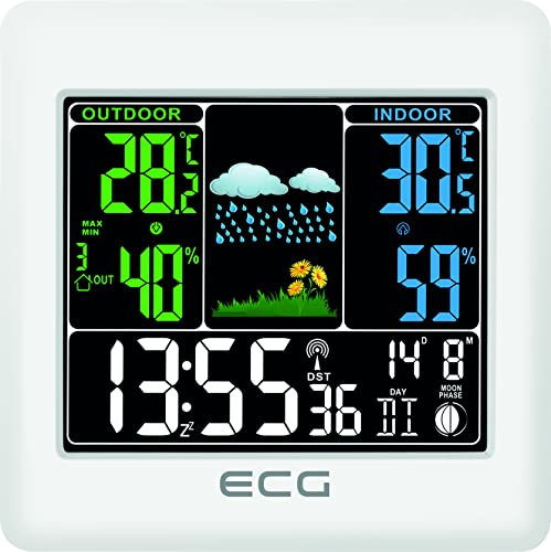 Station météo multifonction ECG MS 300 avec capteur extérieur sans fil, prévisions météo pour 1 jour, thermomètre, hygromètre, intérieur/extérieur (écran couleur), blanc