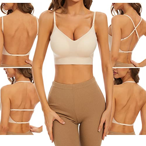 Shewant Reggiseno a schiena bassa per le donne senza ferretto senza cuciture reggiseno senza schienale cinghie multiway convertibile reggiseno con imbottitura rimovibile, Beige, L