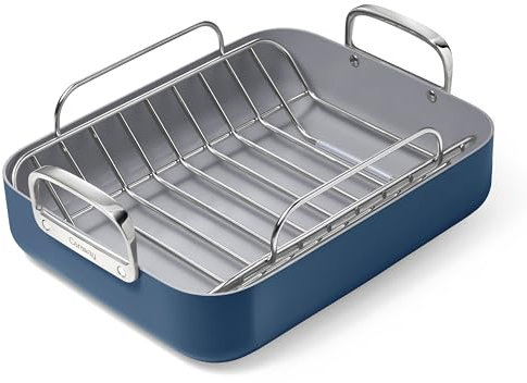 Caraway Roasting Pan - 16x13” Roasting Pan with Rack - Non-Stick Ceramic Coated - Non Toxic, PTFE & PFOA Free - Oven Safe & Compatible with All Stovetops - Navy